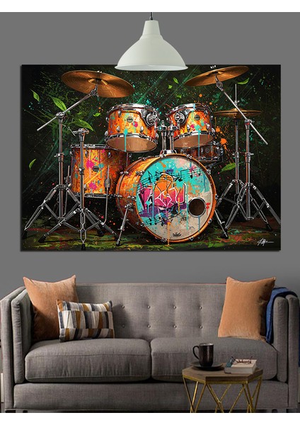 Renkli Boyalı Davul Seti Enstrüman Dekoratif Kanvas - Mdf Ahşap Tablo modelleri