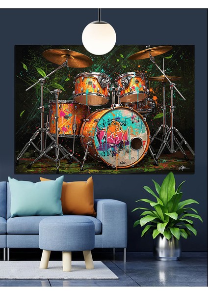 Renkli Boyalı Davul Seti Enstrüman Dekoratif Kanvas - Mdf Ahşap Tablo indirimleri