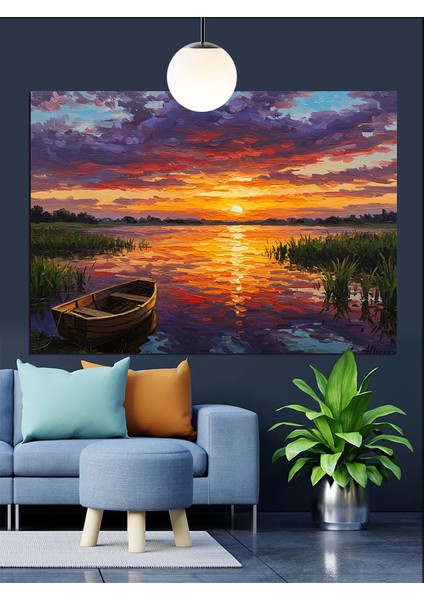 Gün Batımı Göl Tekne Yansıma Dekoratif Kanvas - Mdf Ahşap Tablo fiyatları