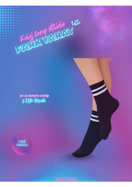 Premium Siyah Kadın 5'li Kolej Çorap Seti - Rahat ve Şık Kullanım