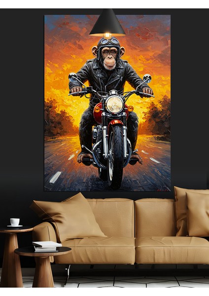 Karanlık Arka Planda Motosikletli Maymun Dekoratif Kanvas - Mdf Ahşap Tablo fiyatları