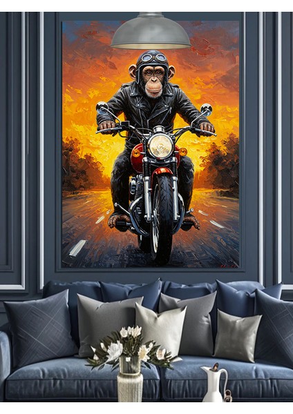 Karanlık Arka Planda Motosikletli Maymun Dekoratif Kanvas - Mdf Ahşap Tablo fırsatları