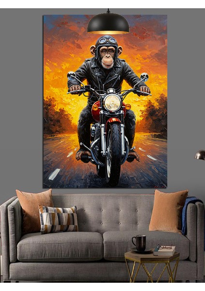 Karanlık Arka Planda Motosikletli Maymun Dekoratif Kanvas - Mdf Ahşap Tablo indirimleri