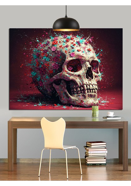 Kırmızı Parçalanmış Kurukafa Dekoratif Kanvas - Mdf Ahşap Tablo