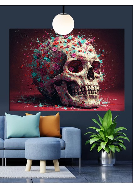 Kırmızı Parçalanmış Kurukafa Dekoratif Kanvas - Mdf Ahşap Tablo fiyatları