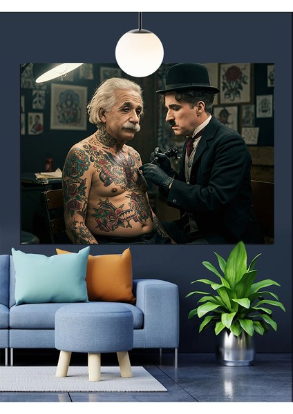 Albert Einstein Dövme Yaptırıyor Dekoratif Kanvas - Mdf Ahşap Tablo