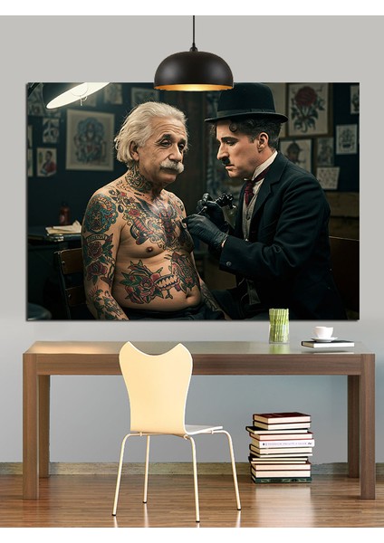 Albert Einstein Dövme Yaptırıyor Dekoratif Kanvas - Mdf Ahşap Tablo indirimleri