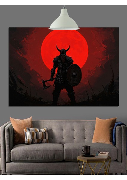 Kırmızı Parlayan Silüet Viking Dekoratif Kanvas - Mdf Ahşap Tablo