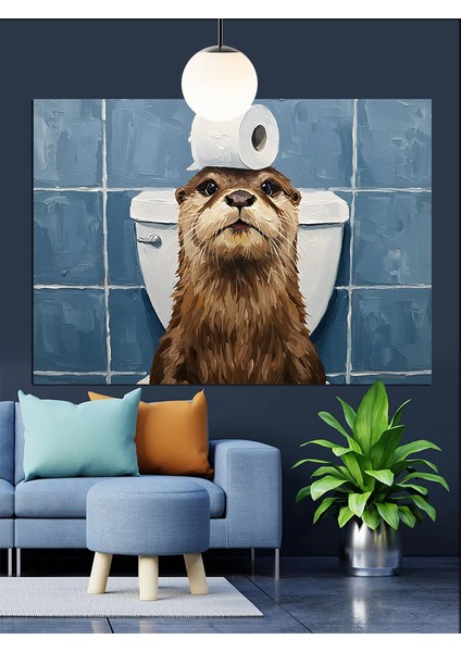 Tuvalette Oturan Komik Samur Dekoratif Kanvas - Mdf Ahşap Tablo