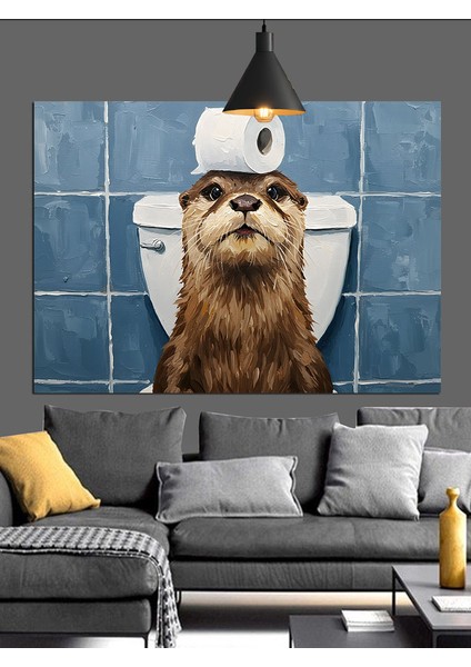 Tuvalette Oturan Komik Samur Dekoratif Kanvas - Mdf Ahşap Tablo modelleri