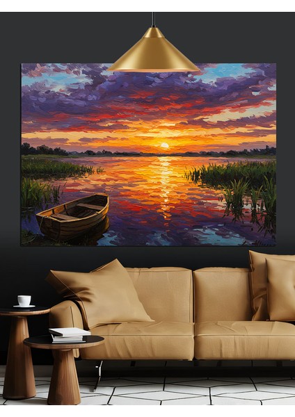 Gün Batımı Göl Tekne Yansıma Dekoratif Kanvas - Mdf Ahşap Tablo modelleri