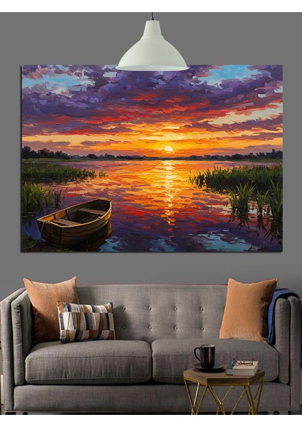 Gün Batımı Göl Tekne Yansıma Dekoratif Kanvas - Mdf Ahşap Tablo indirimleri