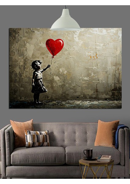 Kırmızı Balon Tutan Küçük Kız Dekoratif Kanvas - Mdf Ahşap Tablo