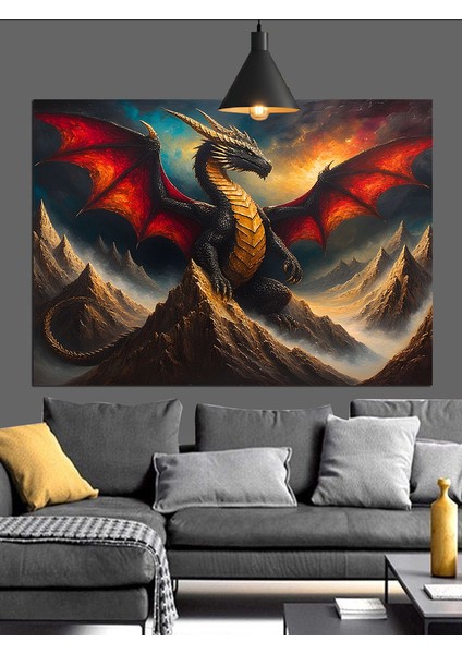 Kırmızı Kanatlı Alev Ejderhası Dekoratif Kanvas - Mdf Ahşap Tablo