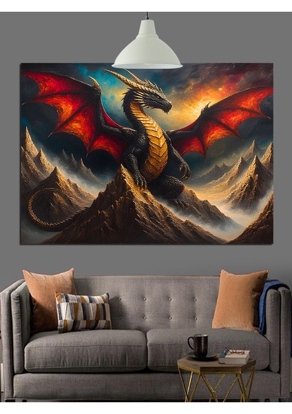 Kırmızı Kanatlı Alev Ejderhası Dekoratif Kanvas - Mdf Ahşap Tablo fiyatları