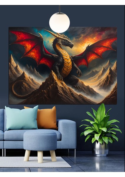 Kırmızı Kanatlı Alev Ejderhası Dekoratif Kanvas - Mdf Ahşap Tablo fırsatları