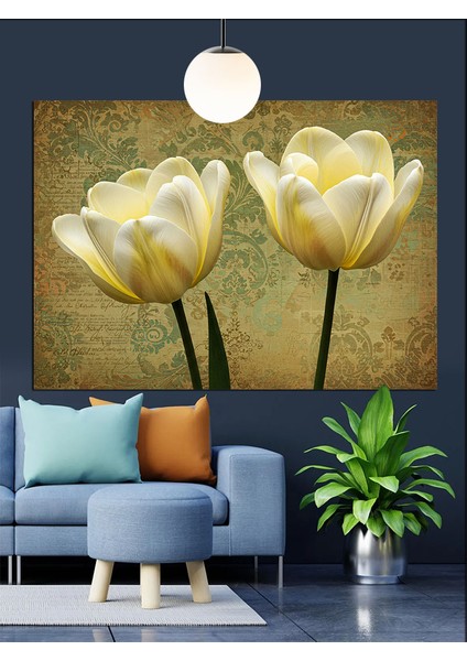 Beyaz Lale Çiçekleri Dekoratif Kanvas - Mdf Ahşap Tablo