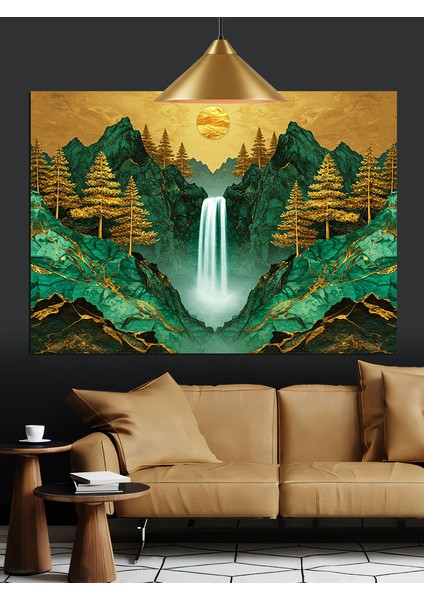 Şelale ve Güneş Doğuşu Dekoratif Kanvas - Mdf Ahşap Tablo