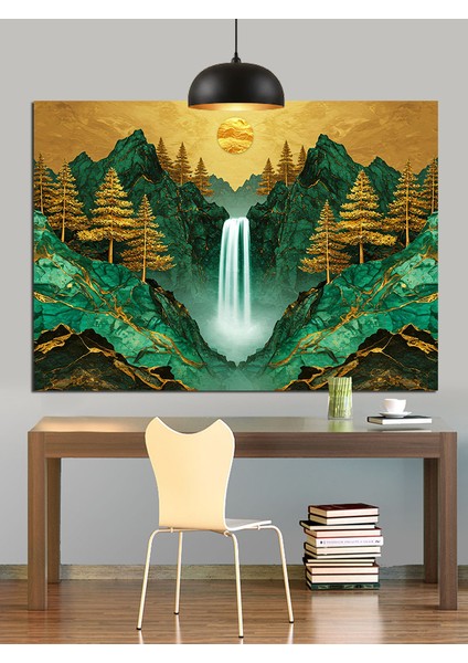 Şelale ve Güneş Doğuşu Dekoratif Kanvas - Mdf Ahşap Tablo fırsatları