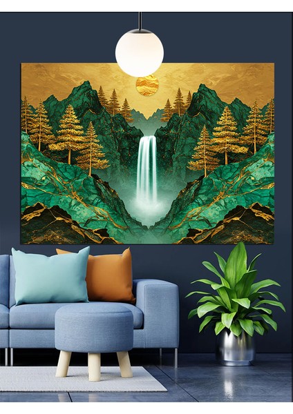 Şelale ve Güneş Doğuşu Dekoratif Kanvas - Mdf Ahşap Tablo indirimleri