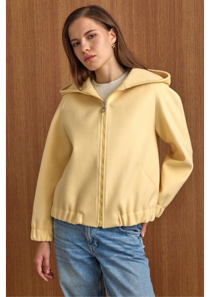 Kapüşonlu Beli Lastikli Oversize Kısa Kaban SARI 3162
