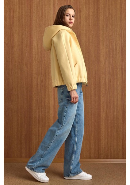 Kapüşonlu Beli Lastikli Oversize Kısa Kaban SARI 3162