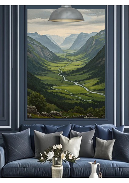 Geniş Yeşil Tepelerle Çevrili Vadi Manzarası Dekoratif Kanvas - Mdf Ahşap Tablo fiyatları