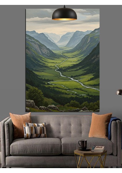 Geniş Yeşil Tepelerle Çevrili Vadi Manzarası Dekoratif Kanvas - Mdf Ahşap Tablo modelleri