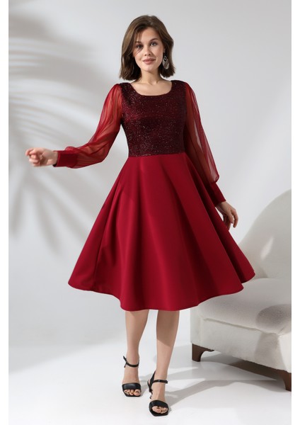 Simli Yuvarlak Yaka Elbise F119