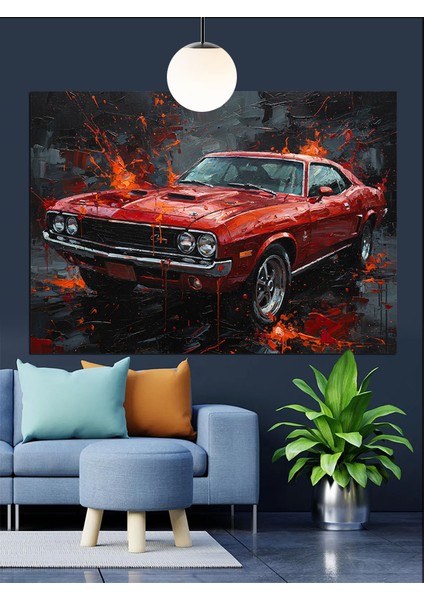 Kırmızı Spor Araba Gece Manzarası Dekoratif Kanvas - Mdf Ahşap Tablo