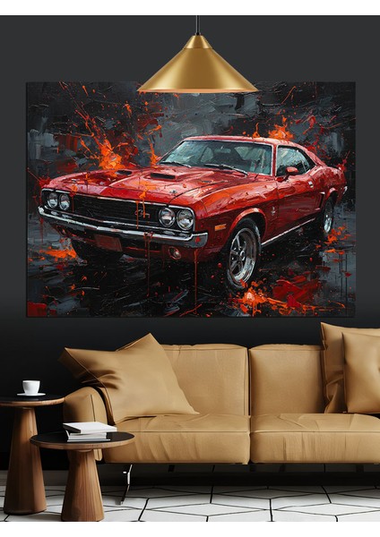 Kırmızı Spor Araba Gece Manzarası Dekoratif Kanvas - Mdf Ahşap Tablo fiyatları