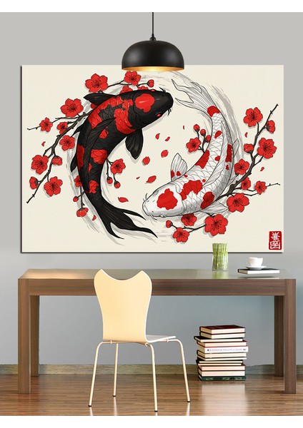 Kırmızı Güle Sarılı Koi Balığı Dekoratif Kanvas - Mdf Ahşap Tablo modelleri