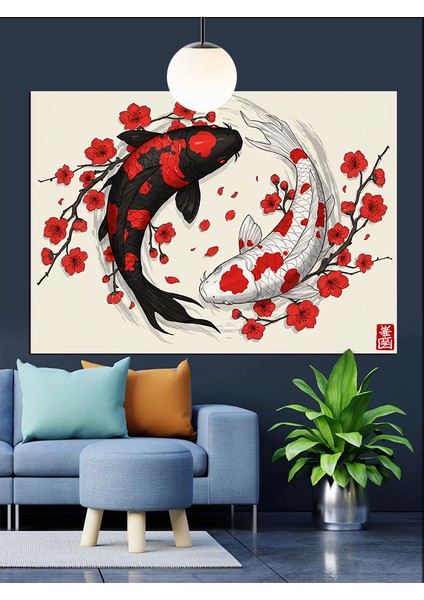 Kırmızı Güle Sarılı Koi Balığı Dekoratif Kanvas - Mdf Ahşap Tablo fırsatları