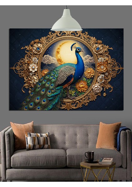 Tavus Kuşu Tüyü Mücevher Çerçeve Dekoratif Kanvas - Mdf Ahşap Tablo