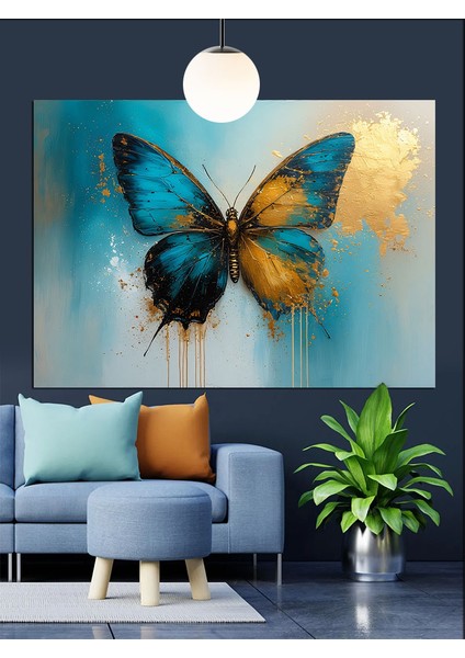 Mavi Sarı Kelebek Dekoratif Kanvas - Mdf Ahşap Tablo indirimleri