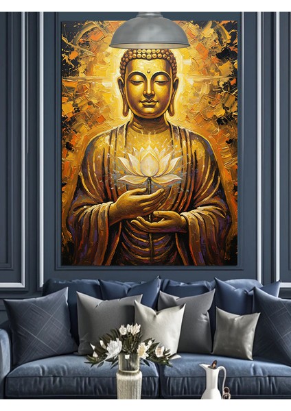 Sakin Oturan Altın Rengi Buda Heykeli Dekoratif Kanvas - Mdf Ahşap Tablo