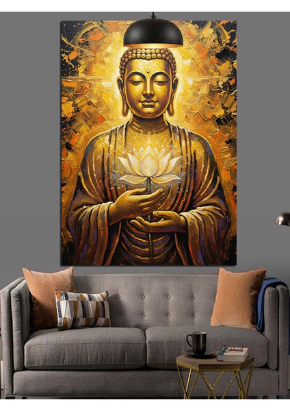 Sakin Oturan Altın Rengi Buda Heykeli Dekoratif Kanvas - Mdf Ahşap Tablo fiyatları