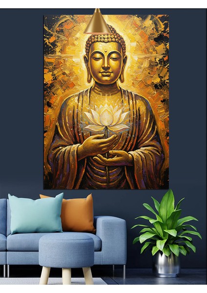 Sakin Oturan Altın Rengi Buda Heykeli Dekoratif Kanvas - Mdf Ahşap Tablo modelleri