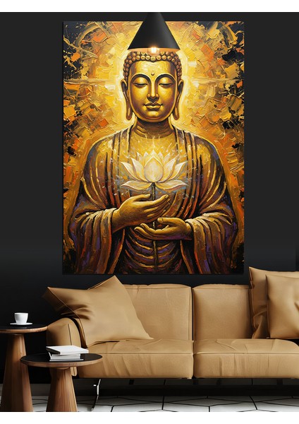Sakin Oturan Altın Rengi Buda Heykeli Dekoratif Kanvas - Mdf Ahşap Tablo fırsatları