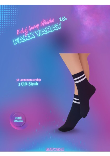 Siyah Kadın 3'lü Kolej Çorap Seti - Rahat ve Şık Kullanım