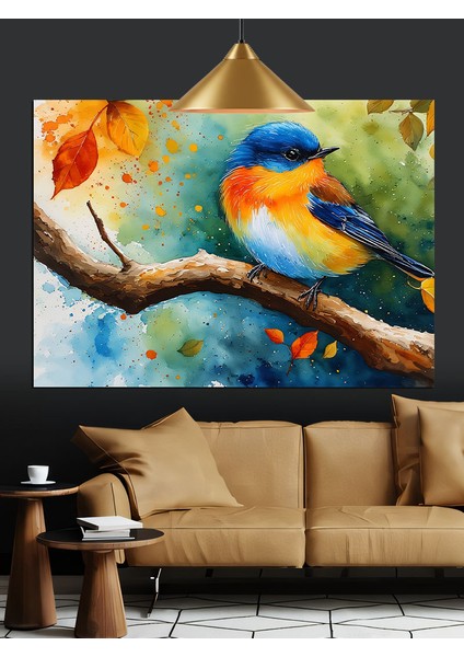 Ağaç Dalında Renkli Küçük Kuş Dekoratif Kanvas - Mdf Ahşap Tablo