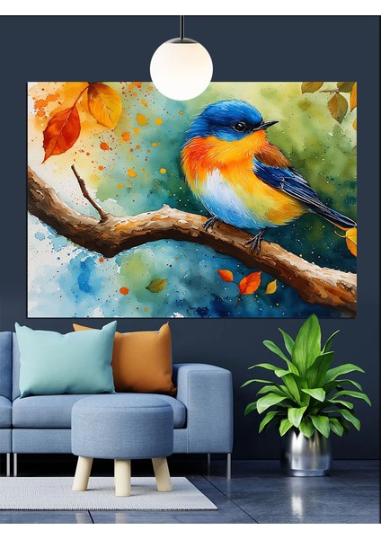 Ağaç Dalında Renkli Küçük Kuş Dekoratif Kanvas - Mdf Ahşap Tablo indirimleri
