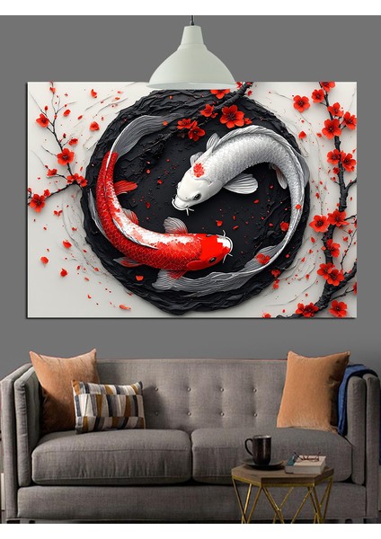 Koi Balığı Yin Yang Dekoratif Kanvas - Mdf Ahşap Tablo