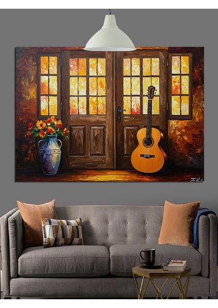 Gitar ve Vazo Çiçekler Dekoratif Kanvas - Mdf Ahşap Tablo