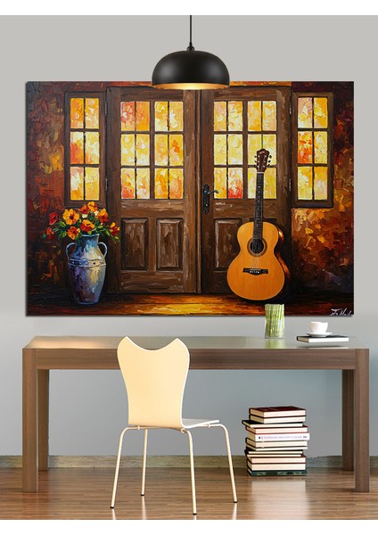 Gitar ve Vazo Çiçekler Dekoratif Kanvas - Mdf Ahşap Tablo fiyatları