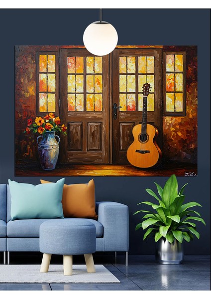 Gitar ve Vazo Çiçekler Dekoratif Kanvas - Mdf Ahşap Tablo modelleri