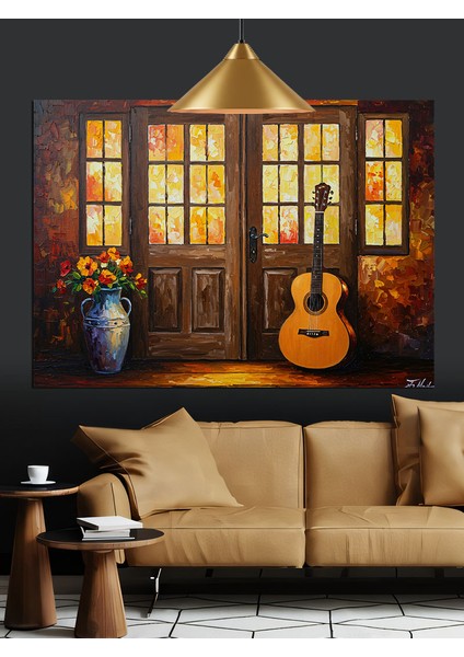Gitar ve Vazo Çiçekler Dekoratif Kanvas - Mdf Ahşap Tablo fırsatları