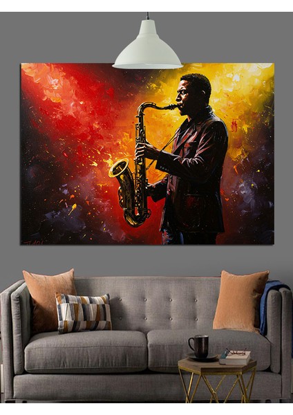 Saksafoncu Işık Müzik Atmosfer Dekoratif Kanvas - Mdf Ahşap Tablo