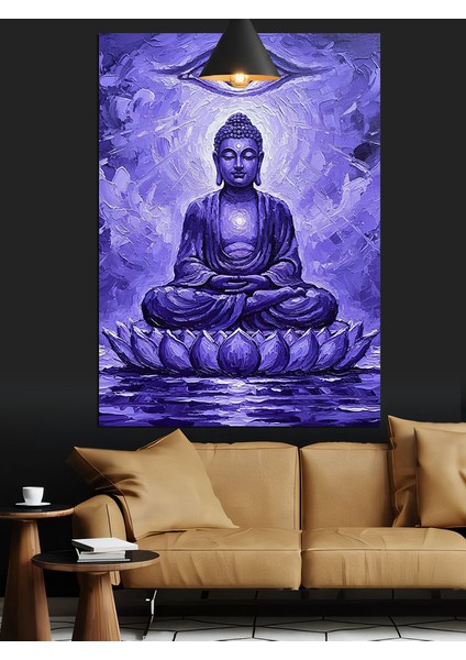 Mor Işıklar Altında Oturan Meditasyon Budası Dekoratif Kanvas - Mdf Ahşap Tablo modelleri