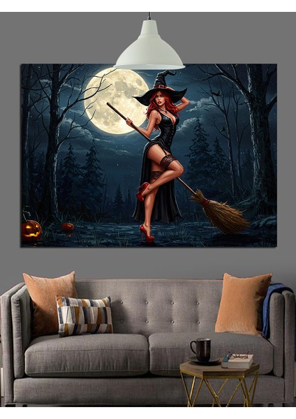 Dolunayda Cadı Uçan Süpürge Dekoratif Kanvas - Mdf Ahşap Tablo modelleri
